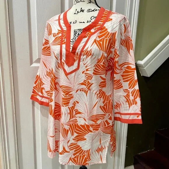 J.CREW TROPICAL PREPPY TUNIC MINI DRESS 3/4 SLEEVE FLORAL BOHO 70’ STYLE SZ M - Picture 12 of 13